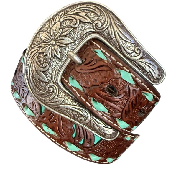 Woman's Western Belt with tooled Leather and Turquoise inlay Size 30 - Picture 7 of 17